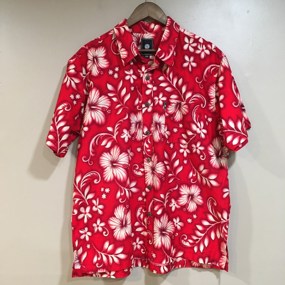 Tribal Origin Hawaiian Short Sleeve Button Up Shirt Mens 2XL Red Tropical Floral